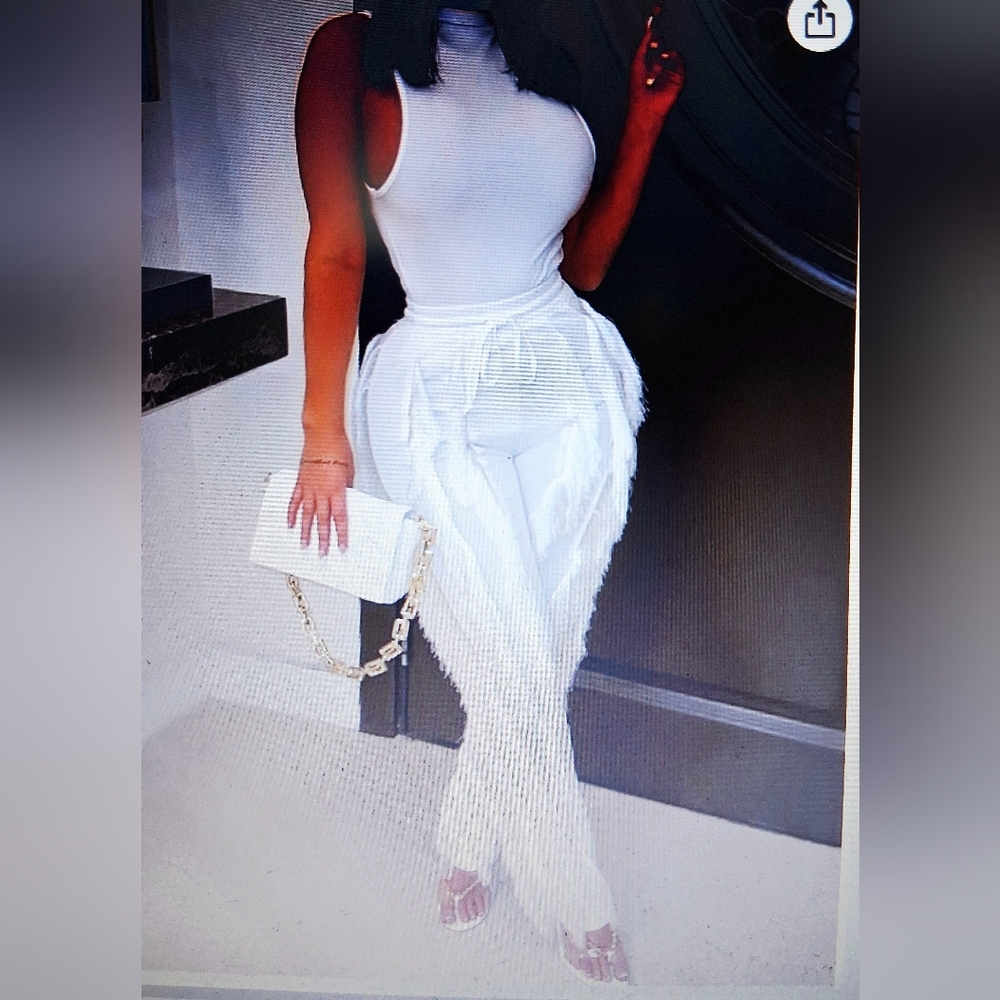 Elegant White Women's Fringe Pants & Top Set